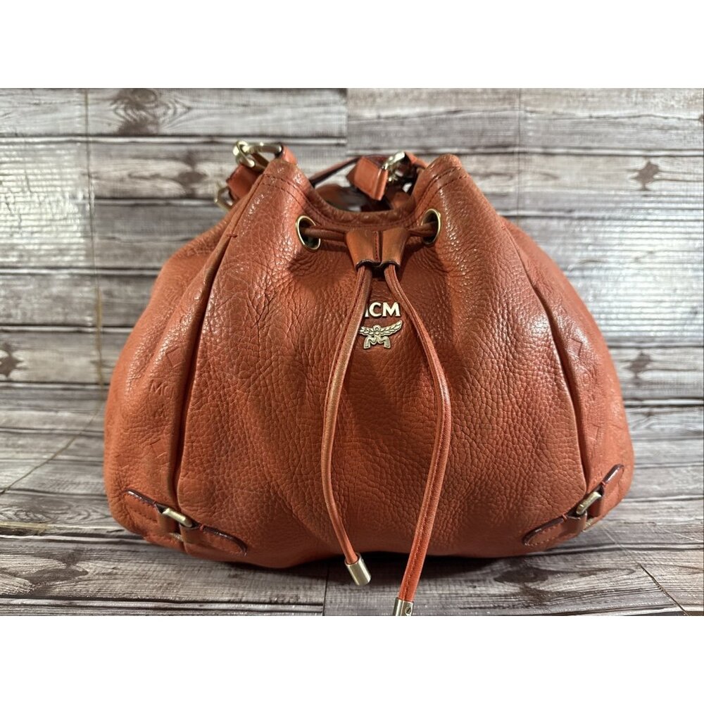 MCM Pebbled Leather Logo bucket bag color orange vintage 80's 90's - Picture 1 of 14